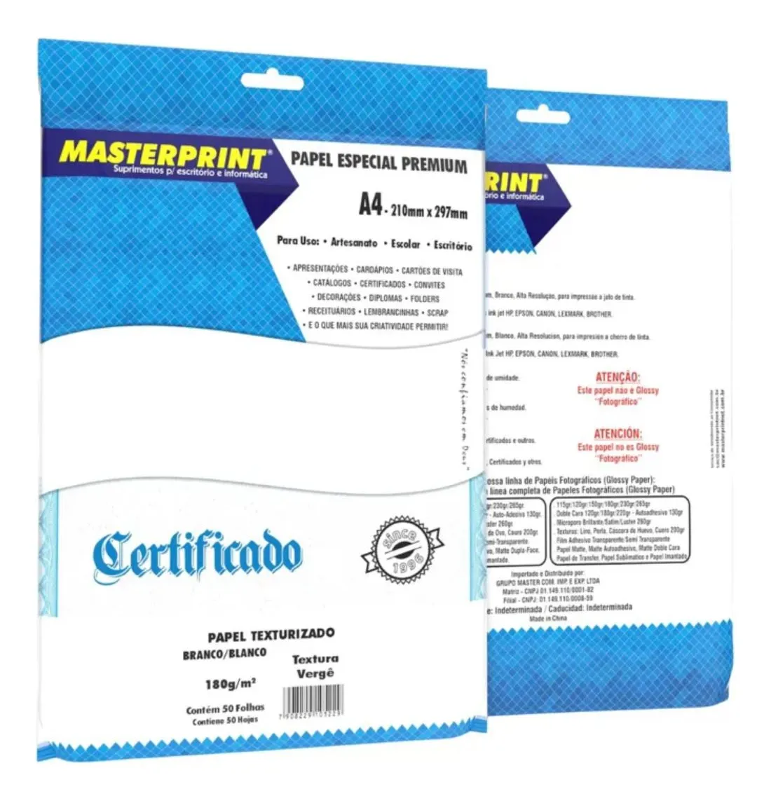PAPEL A4 VERGE 180G BR 50F MASTERPRINT
