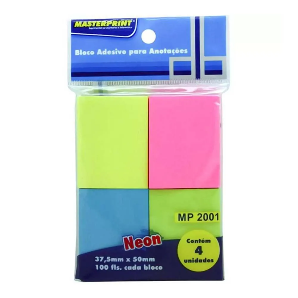 BLOCO ADESIVO P/ RECADO 37,5X50 100F NEON 4 CORES
