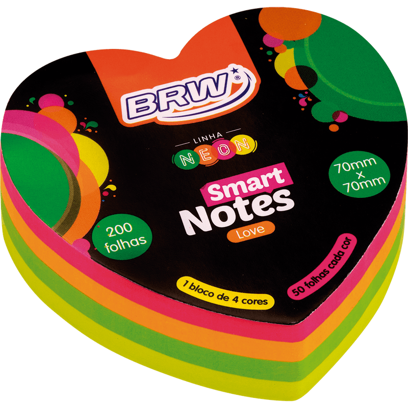 BLOCO DE NOTAS SMART 70X70MM 200F CORACAO CORES NEON BRW