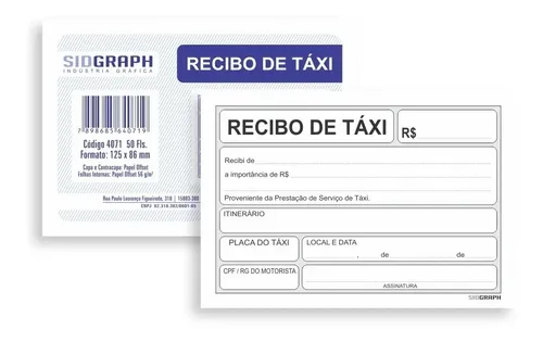 RECIBO DE CORRIDA DE TAXI C/20 C/50F SIDGRAPH