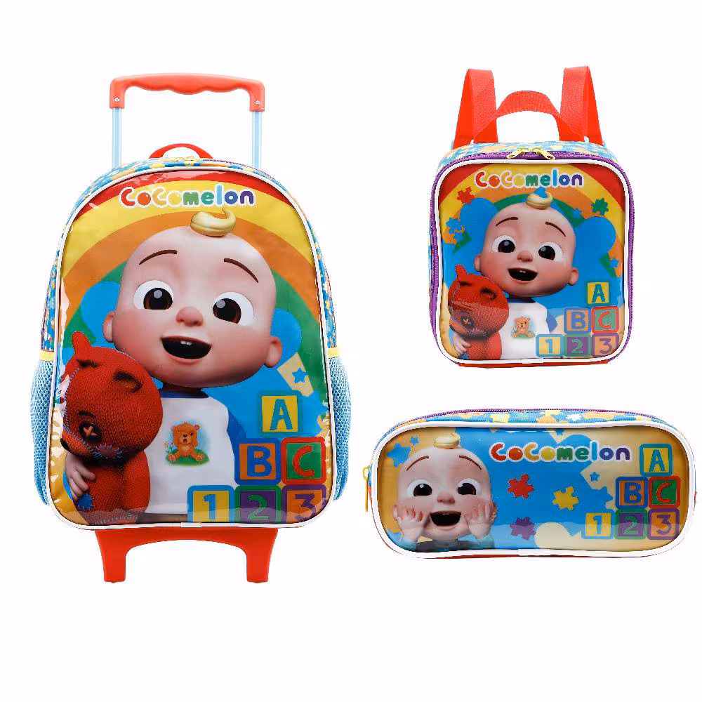 MOCHILA C/RODAS 16 + LANCHEIRA X + ESTOJO SIMPLES COCOMELON