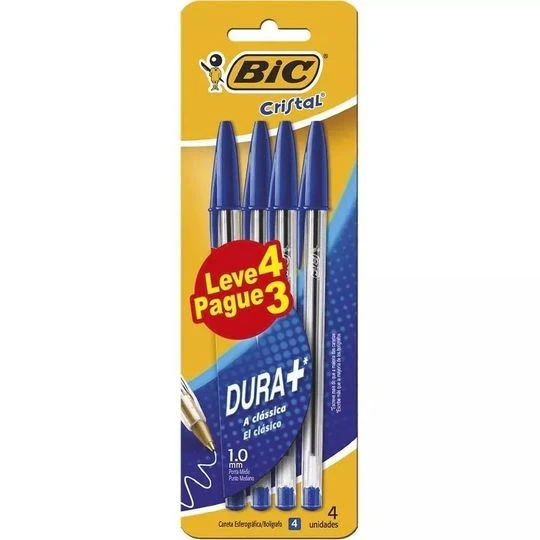 CANETA ESF 1.0 M CRISTAL AZ C/4UN BIC