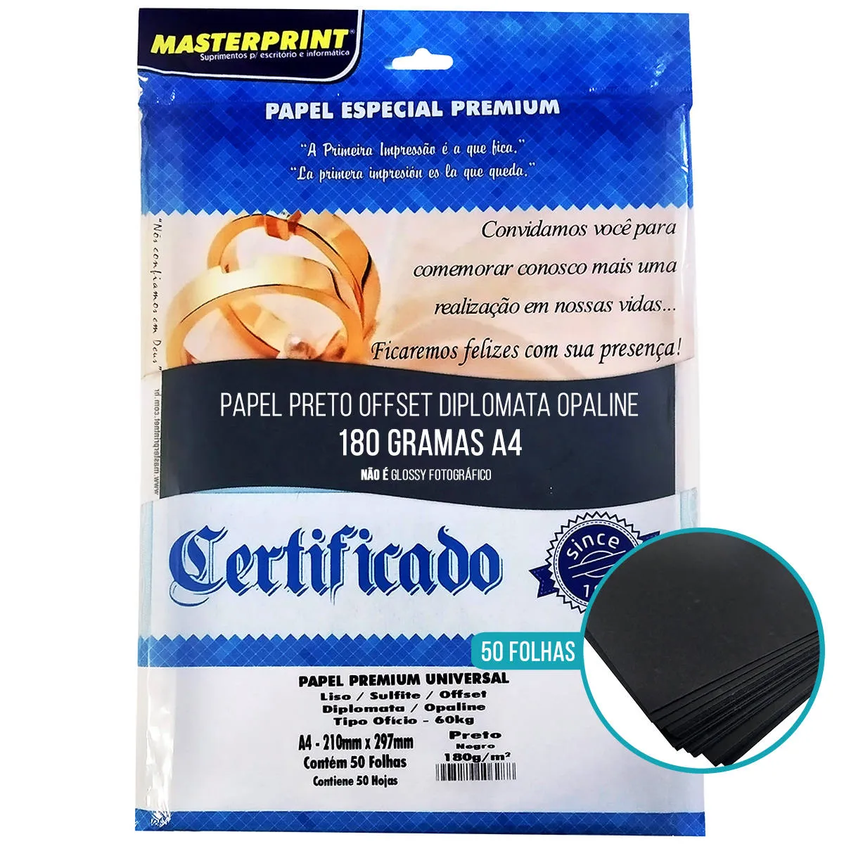 PAPEL A4 DIPLOMATA LISO 180G PR 50F MASTERPRINT