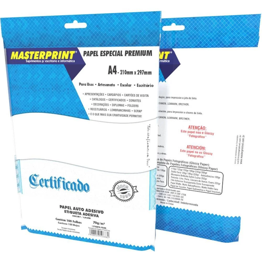 PAPEL A4 AUTO ADESIVO 70G 100F MASTERPRINT