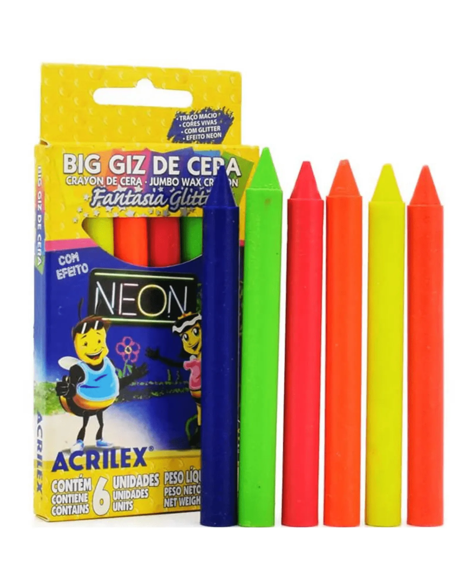 GIZ DE CERA BIG PCT/6 C/6UN NEON GLITTER CORES ACRILEX