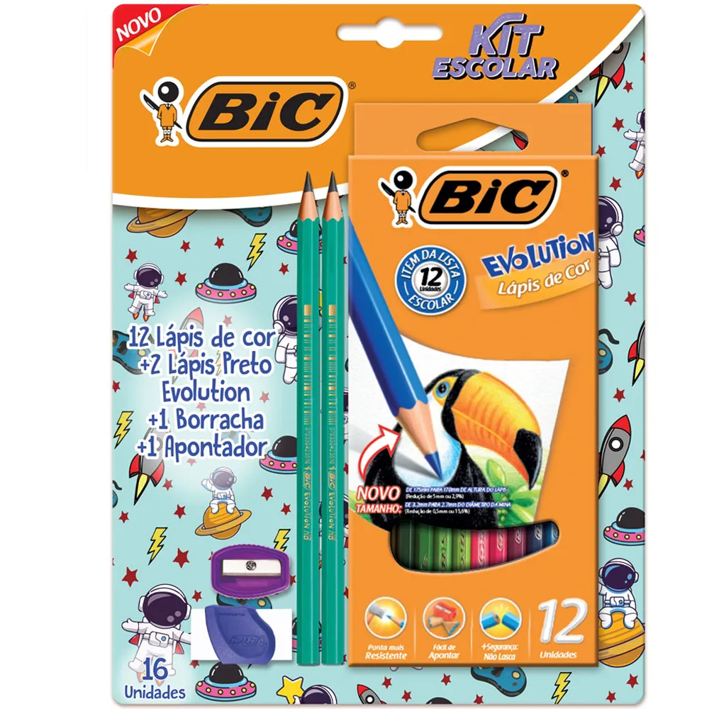LAPIS DE COR 12 CORES + LAPIS PR + BORRACHA + APONTADOR BIC
