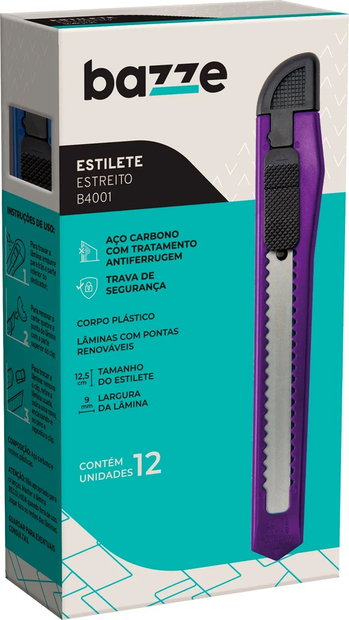 ESTILETE LAMINA ESTREITA 9MM C/12 B4001 COLOR BAZZE
