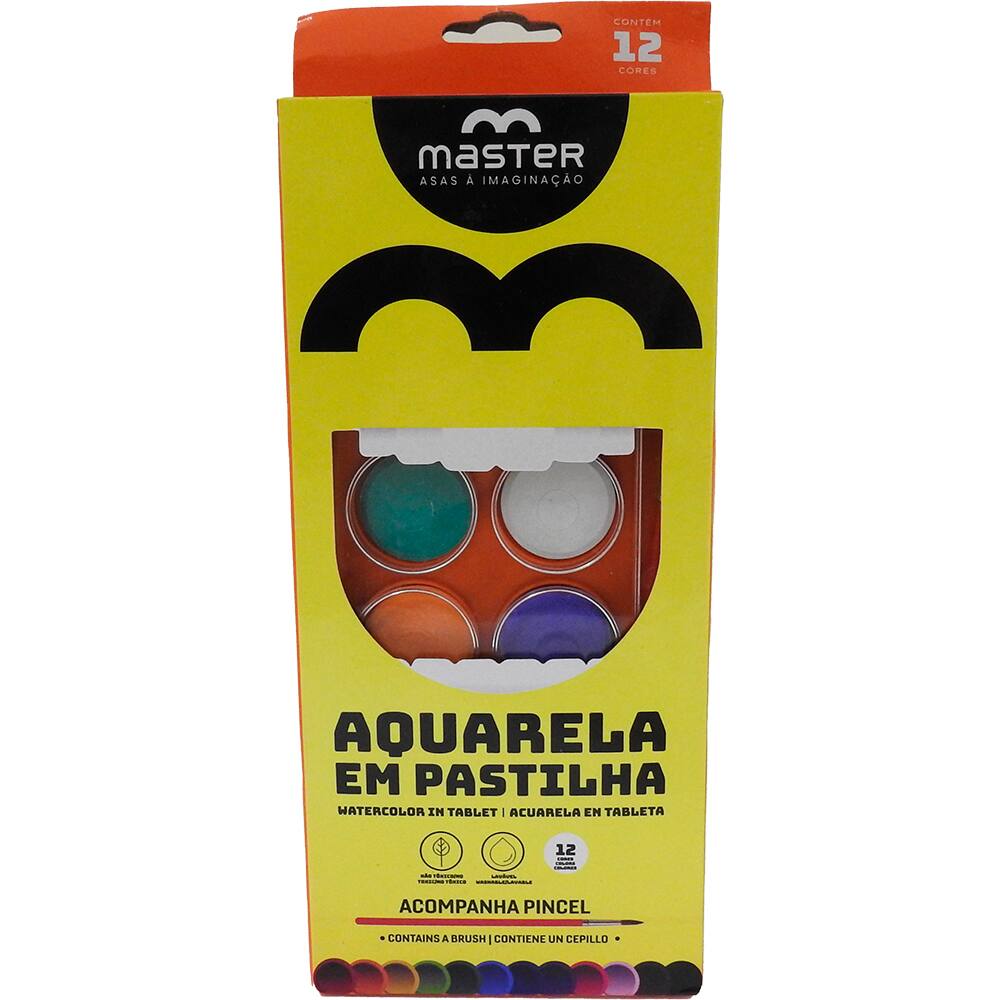 AQUARELA EM PASTILHA C/ PINCEL C/12 CORES MASTER