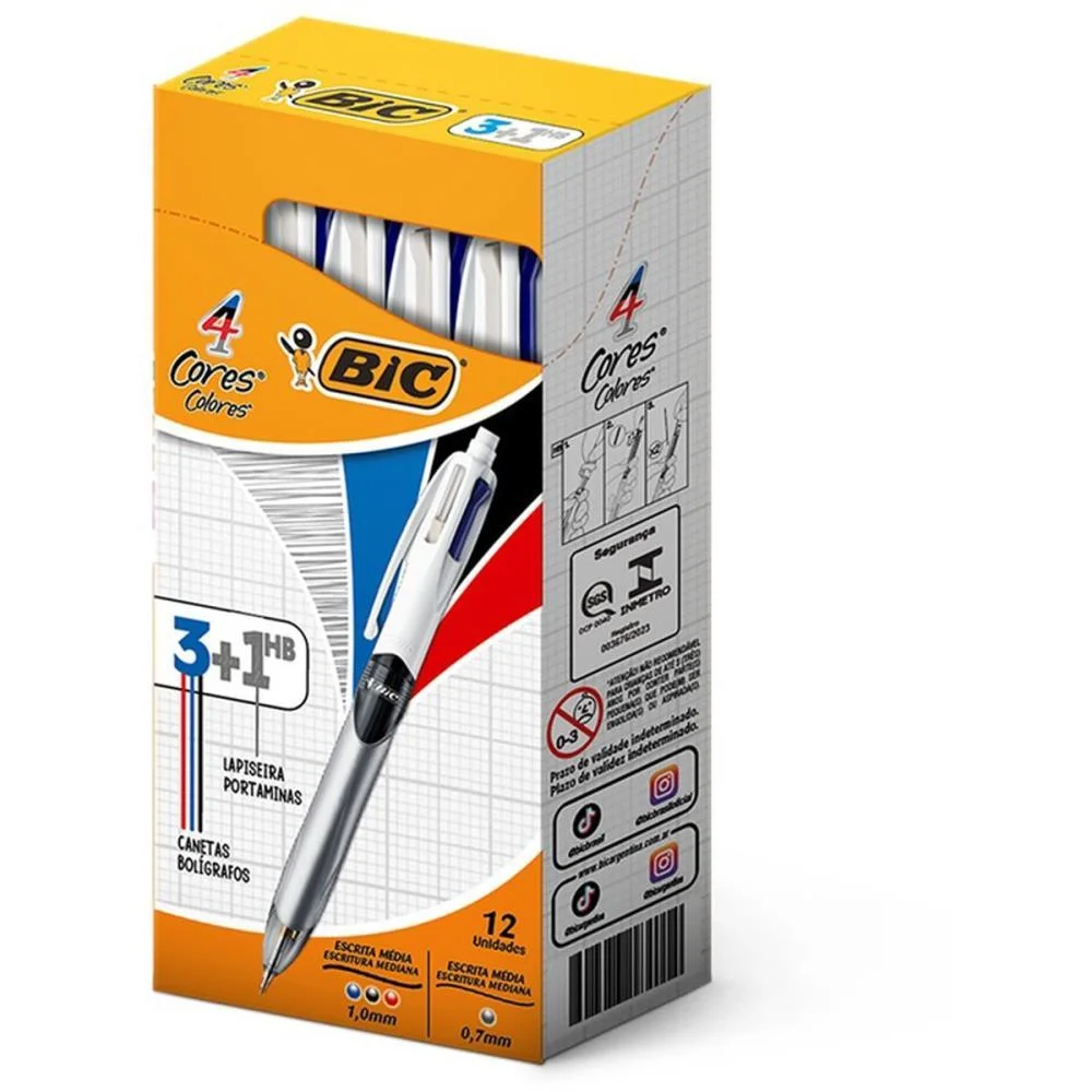 CANETA ESF 1,0/0.7MM C/12 4EM1 3CANETAS+1LAPISEIRA CORES BIC